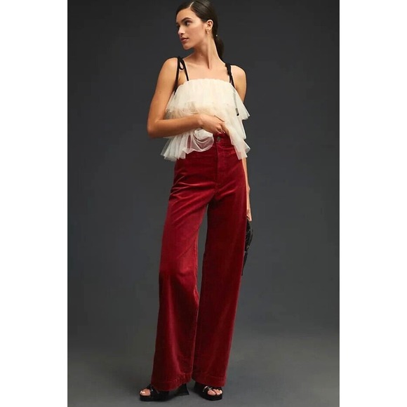 Anthropologie Maeve Colette Velvet Corduroy Wide Leg Pants 31 Red Full Length - Picture 3 of 16
